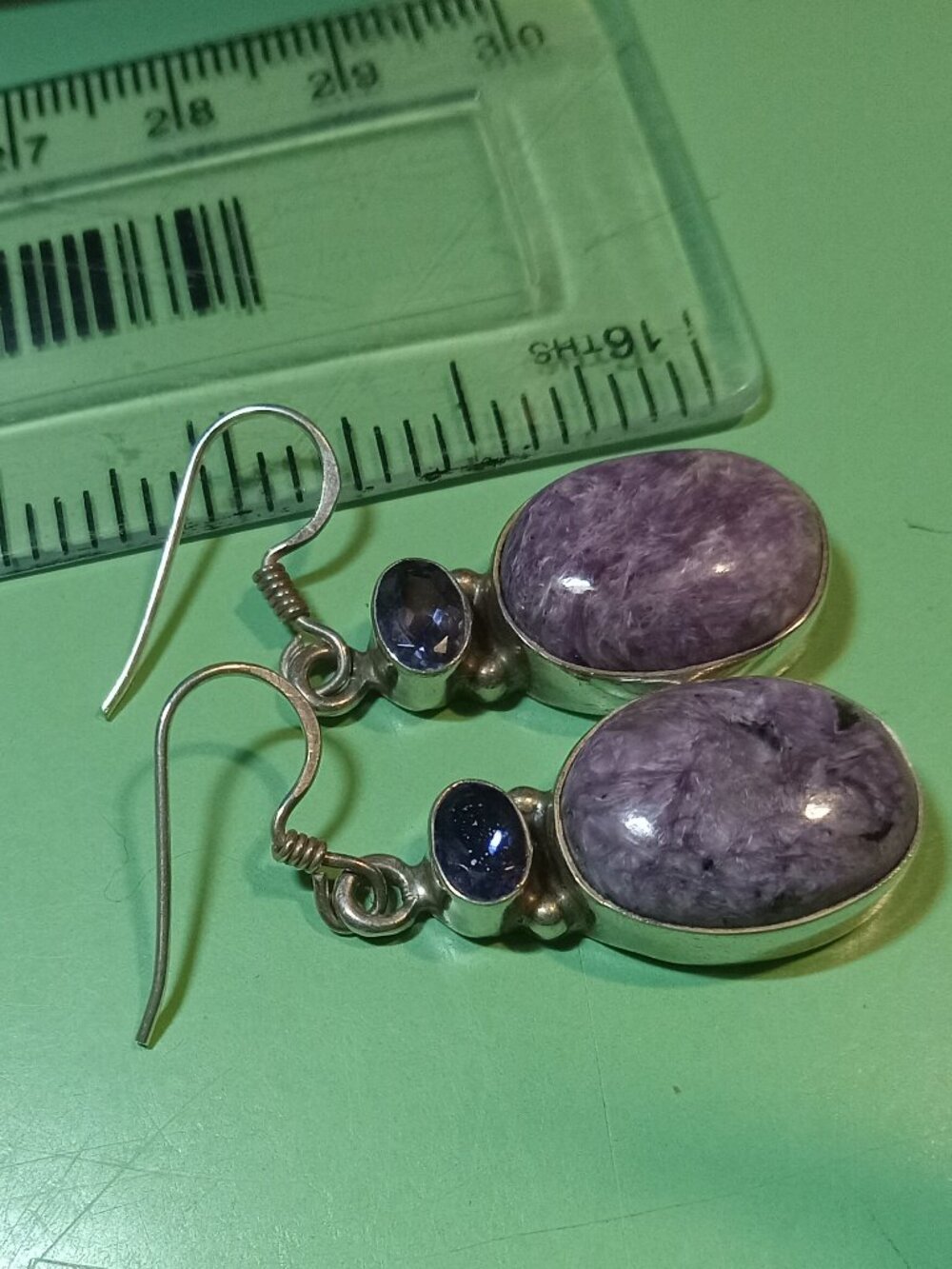 Charoite and Faceted Iolite 925 Silver Earrings